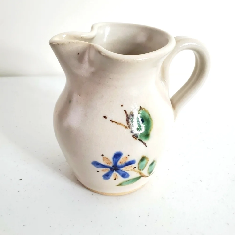 Vintage Dover Pottery Pitcher Artist Signed DBG 1984 Floral Butterfly Vase‎